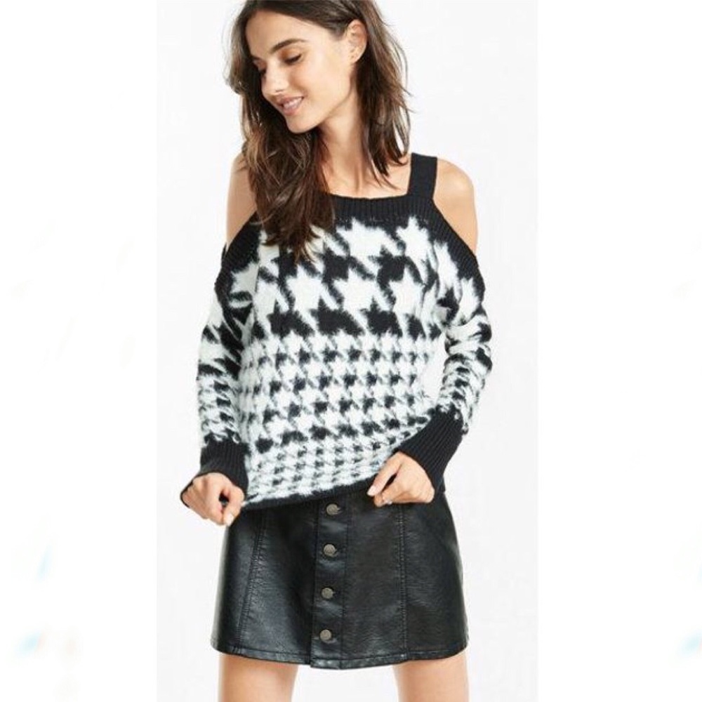 Express Fuzzy Houndstooth Cold Shoulder Sweater